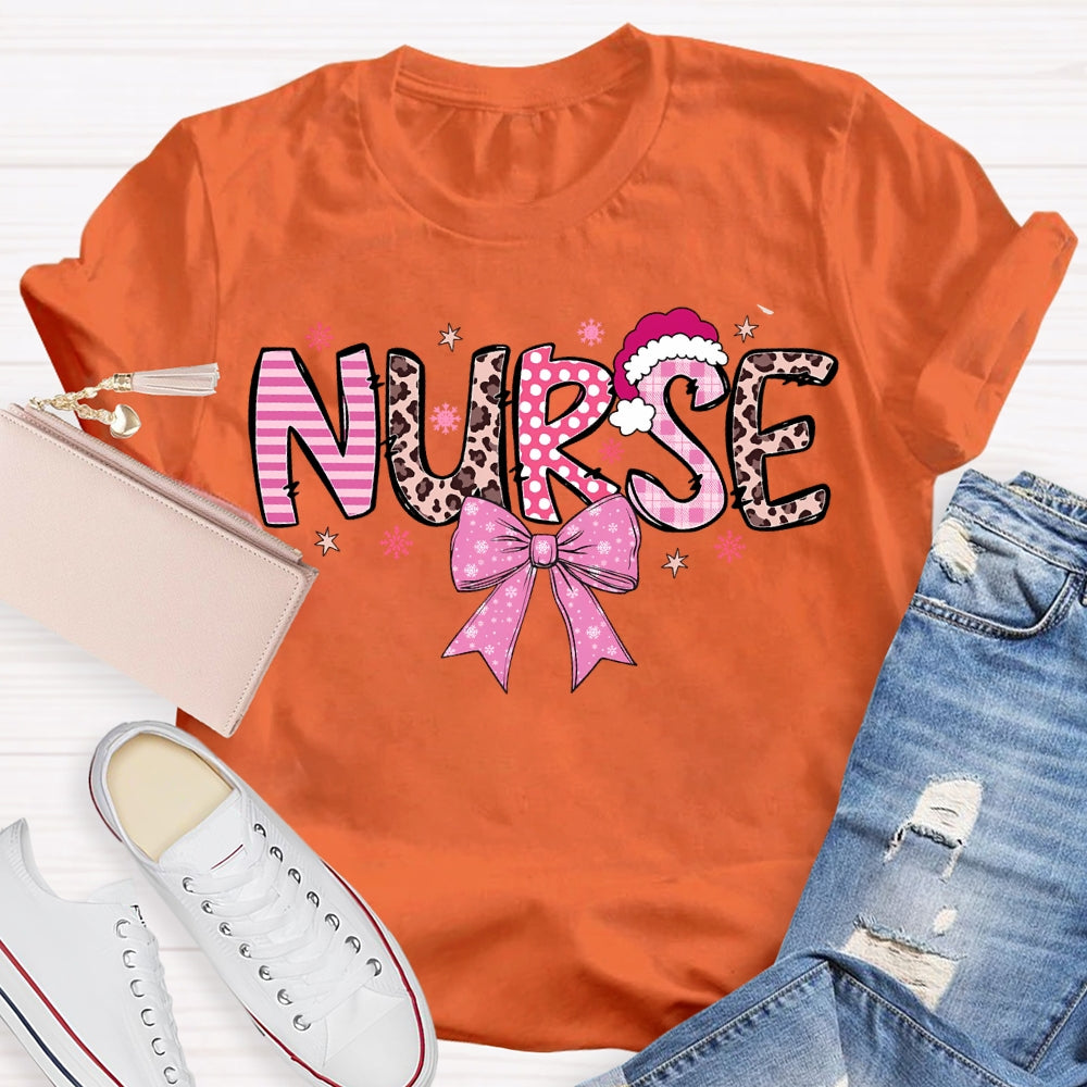 School Nurse Santa Hat And Pink Bow T-shirt