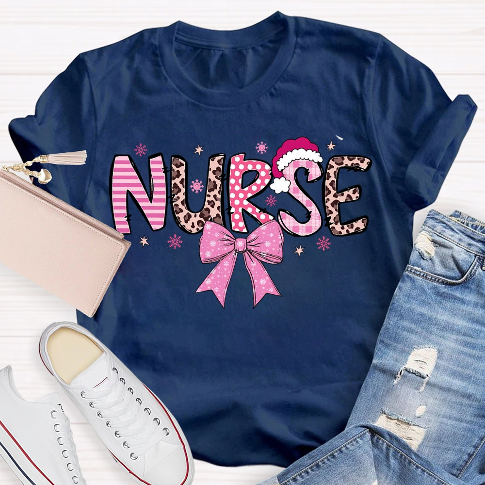 School Nurse Santa Hat And Pink Bow T-shirt