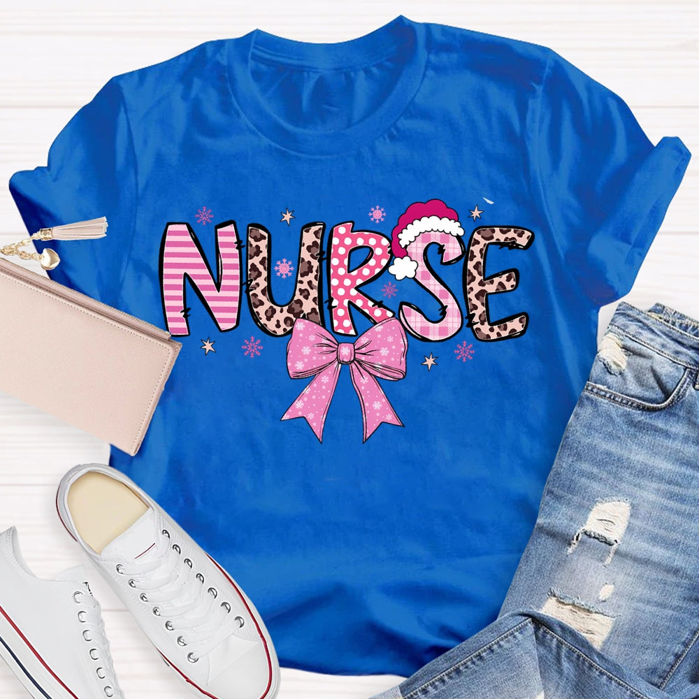 School Nurse Santa Hat And Pink Bow T-shirt