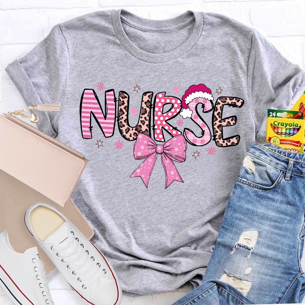 School Nurse Santa Hat And Pink Bow T-shirt