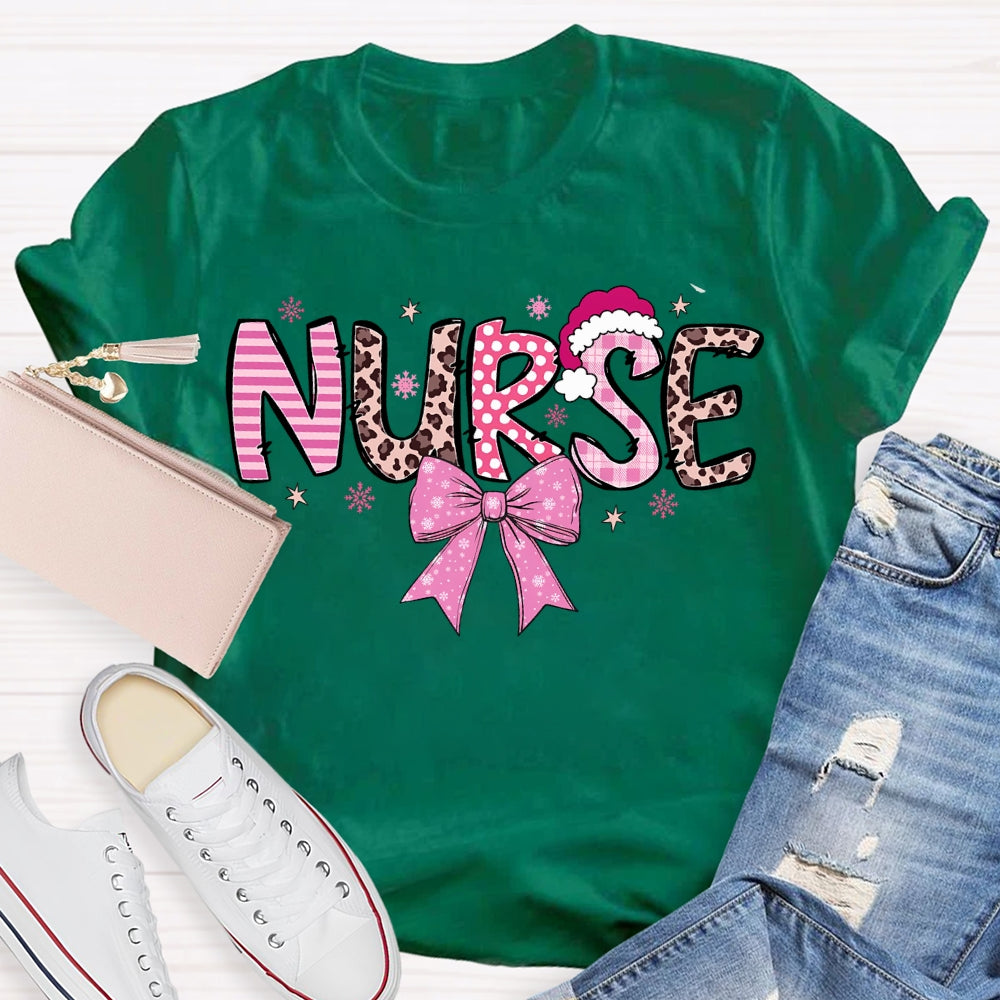 School Nurse Santa Hat And Pink Bow T-shirt