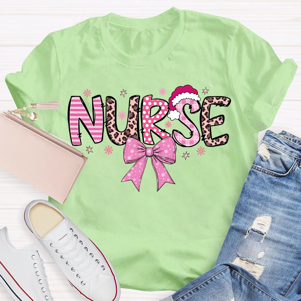 School Nurse Santa Hat And Pink Bow T-shirt