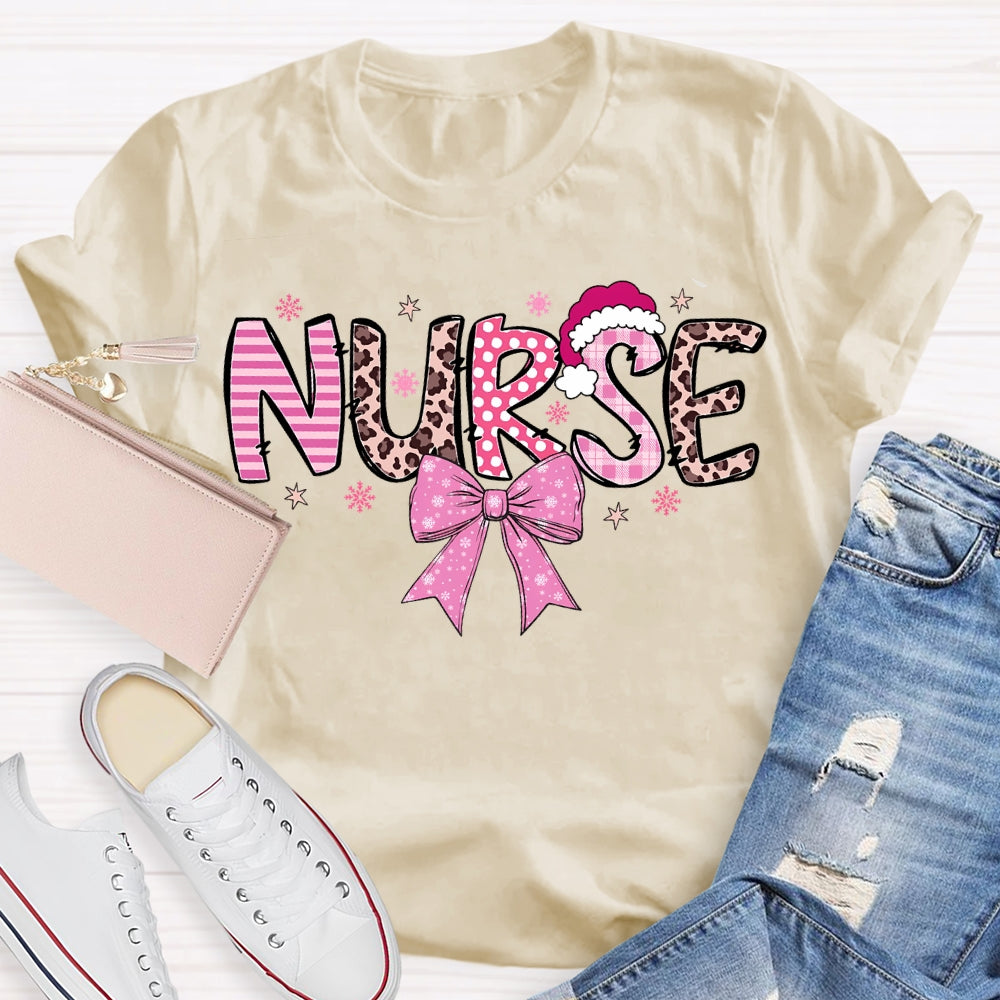 School Nurse Santa Hat And Pink Bow T-shirt
