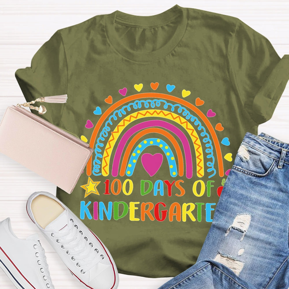 Personalized Grade 100 Days Of Kindergarten Colored Fonts And Colored Hearts T-shirt