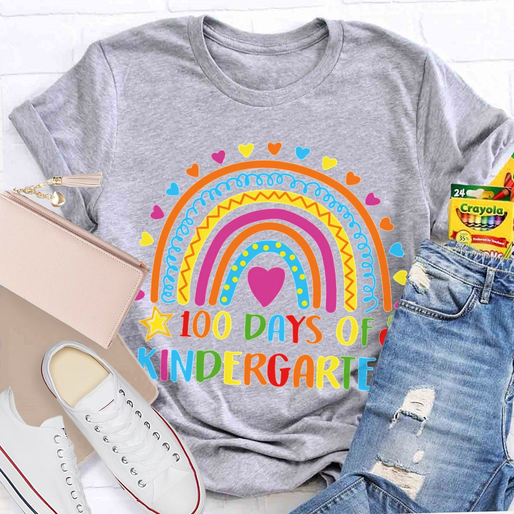 Personalized Grade 100 Days Of Kindergarten Colored Fonts And Colored Hearts T-shirt