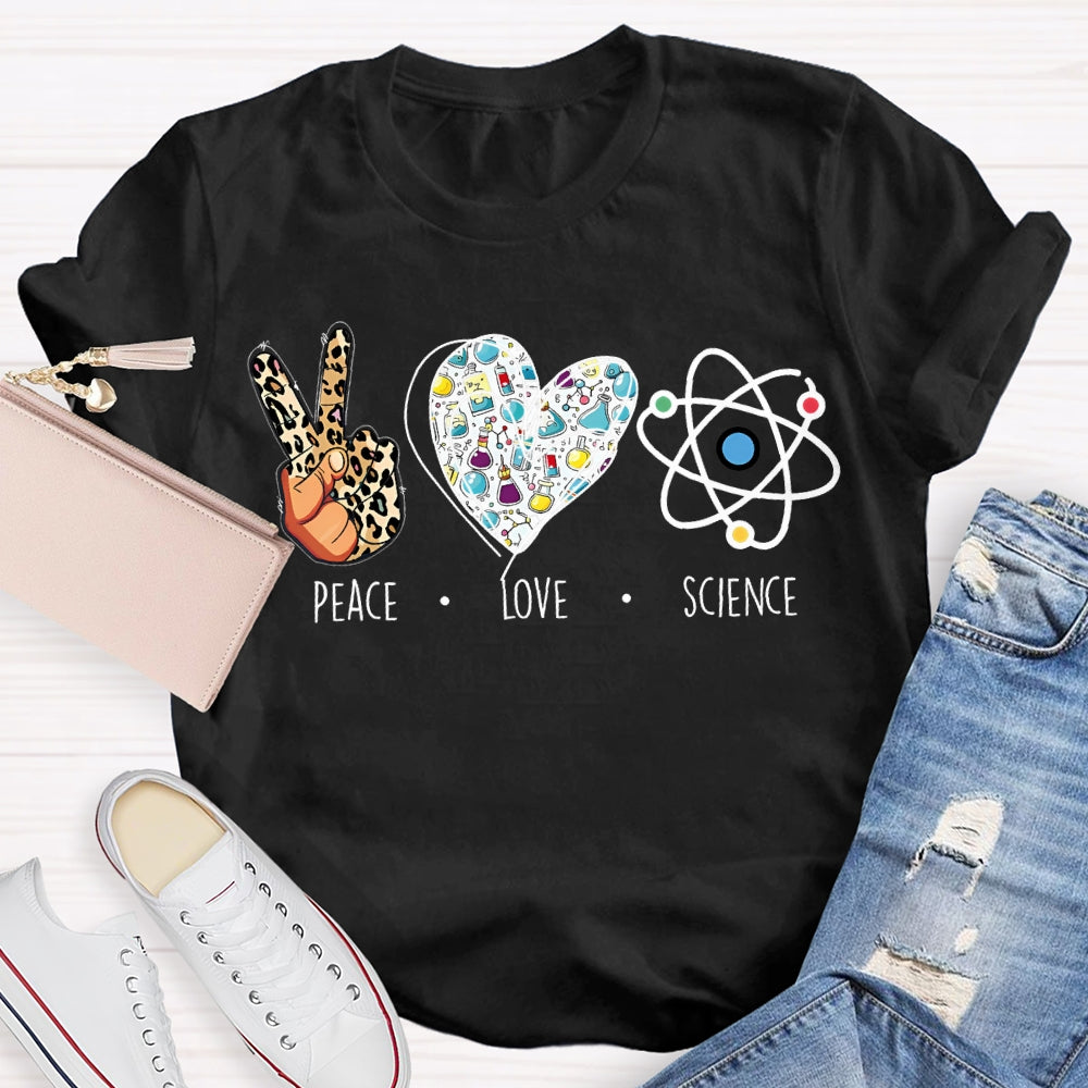 Peace Love Science Leopard Print Fingers And Hearts Science Teacher T-shirt