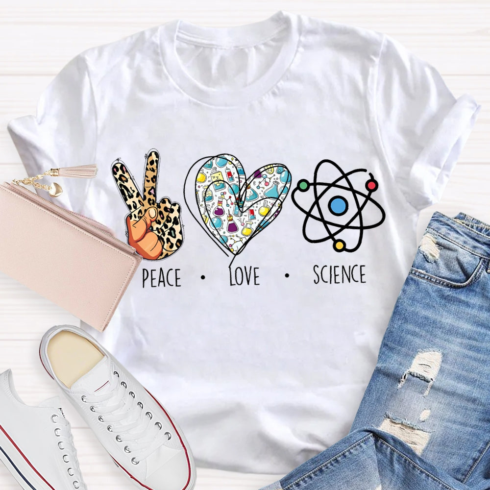 Peace Love Science Leopard Print Fingers And Hearts Science Teacher T-shirt