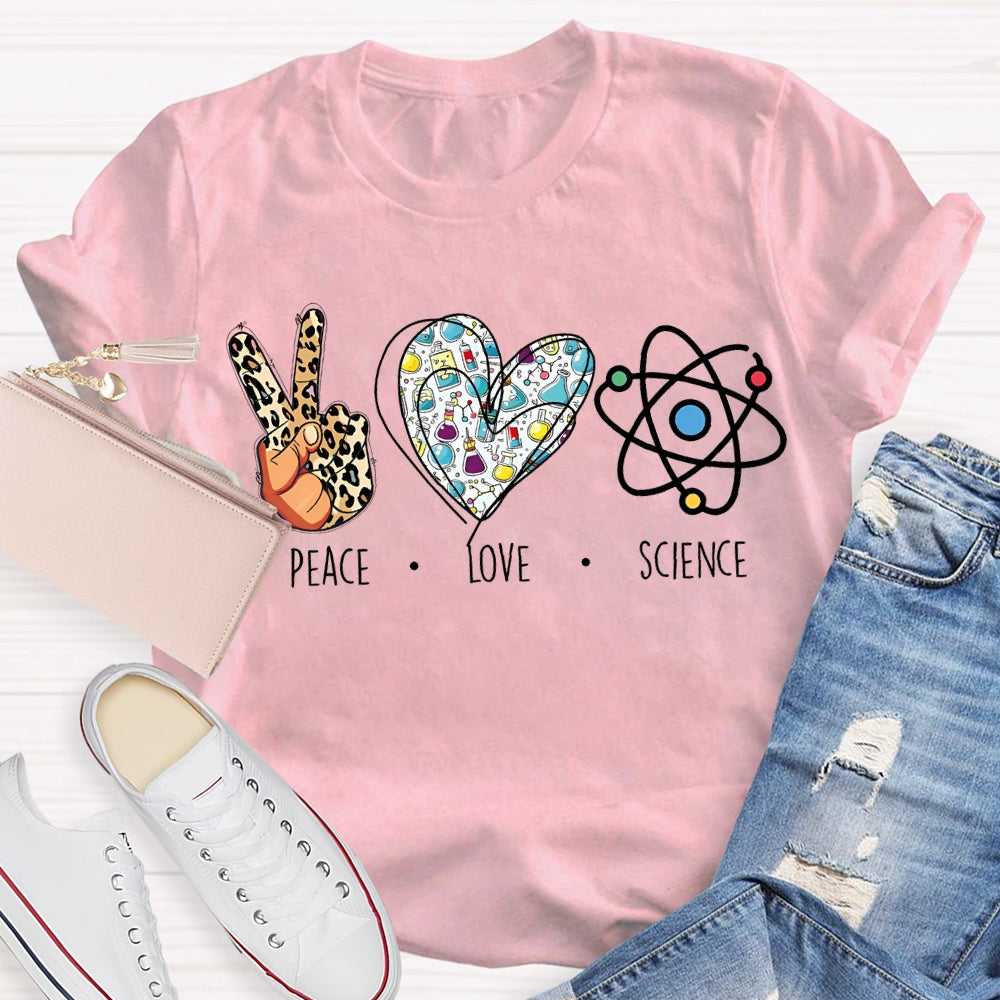 Peace Love Science Leopard Print Fingers And Hearts Science Teacher T-shirt