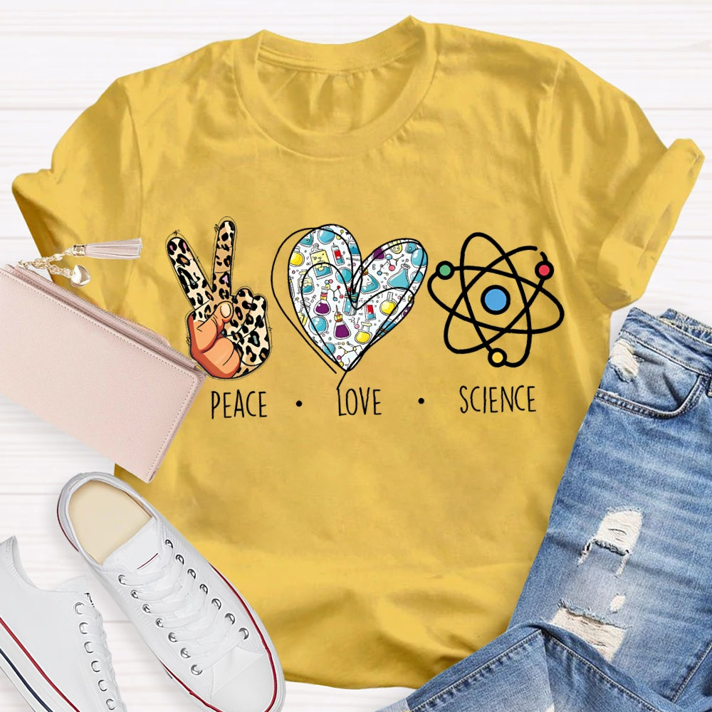 Peace Love Science Leopard Print Fingers And Hearts Science Teacher T-shirt