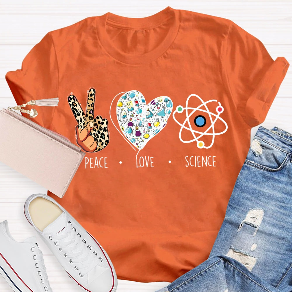 Peace Love Science Leopard Print Fingers And Hearts Science Teacher T-shirt