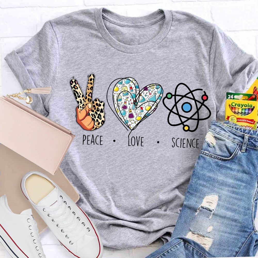 Peace Love Science Leopard Print Fingers And Hearts Science Teacher T-shirt