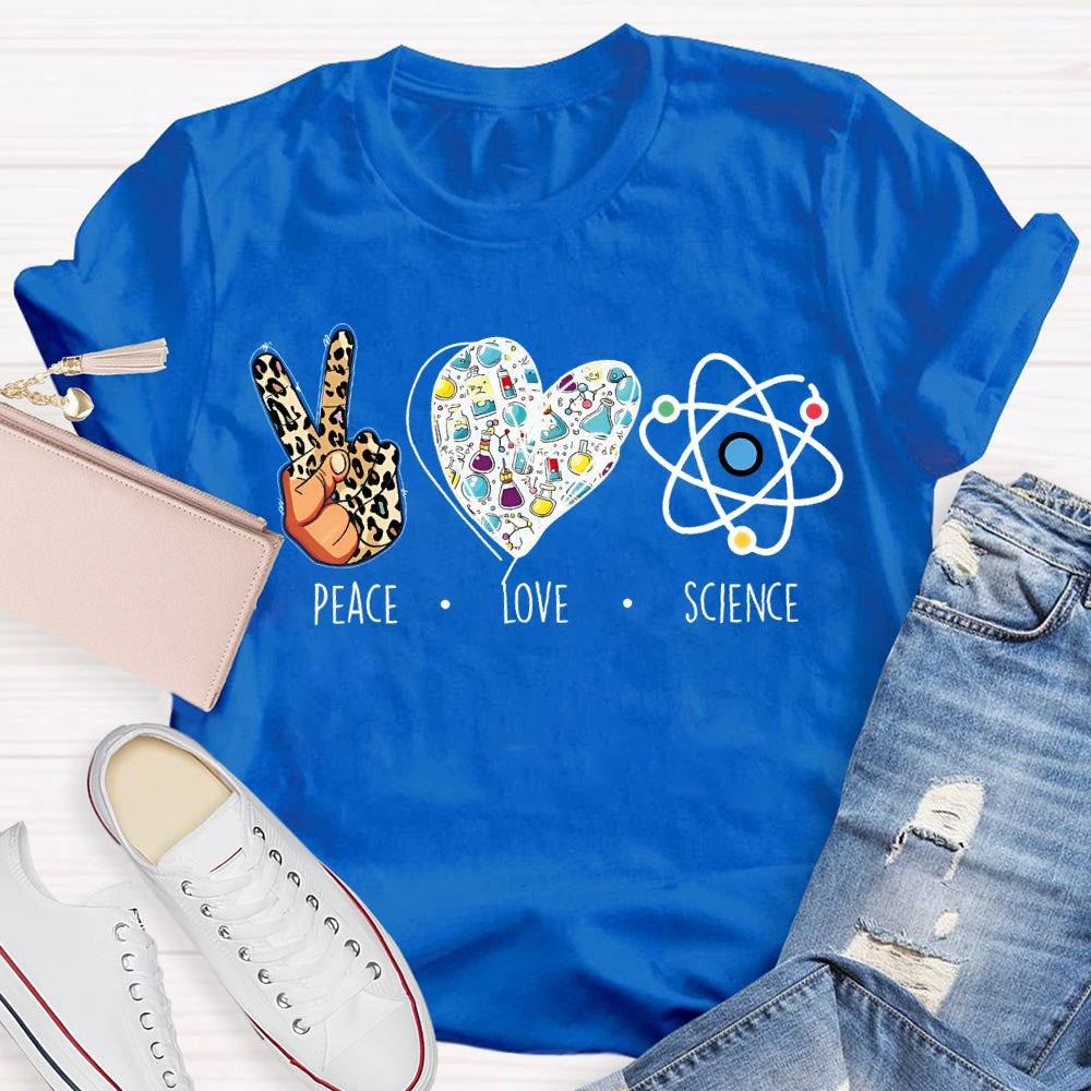 Peace Love Science Leopard Print Fingers And Hearts Science Teacher T-shirt