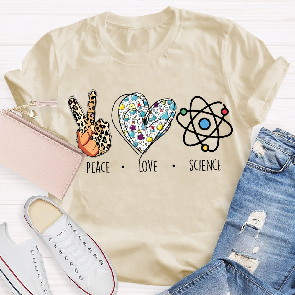 Peace Love Science Leopard Print Fingers And Hearts Science Teacher T-shirt