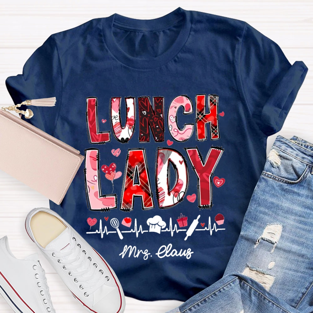 Personalized Name Lunch Lady Pink Font And Hearts T-shirt