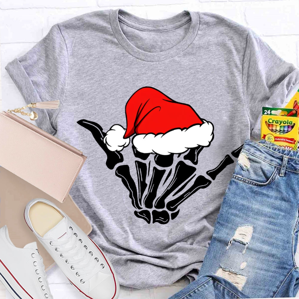 Merry Christmas Vibes Santa Hat And Skull Fingers T-shirt