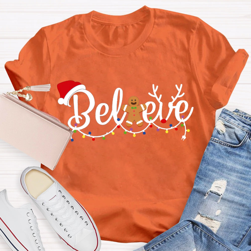 Believe Christmas Lights And Santa Hats T-shirt