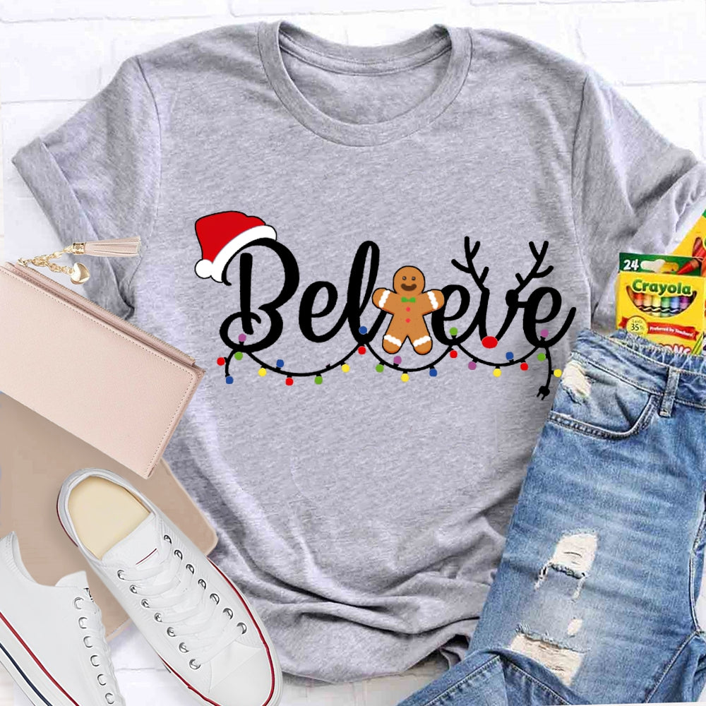 Believe Christmas Lights And Santa Hats T-shirt