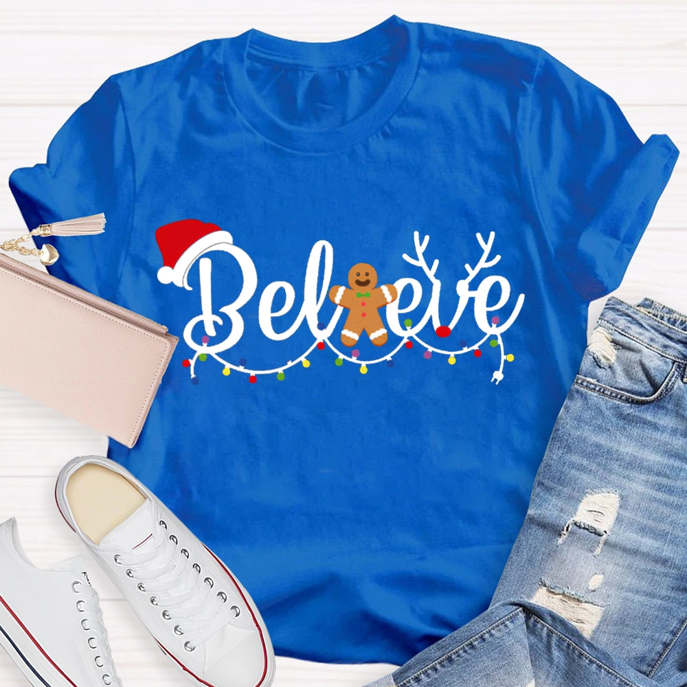 Believe Christmas Lights And Santa Hats T-shirt