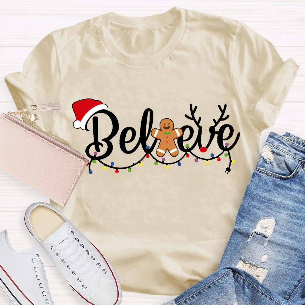 Believe Christmas Lights And Santa Hats T-shirt