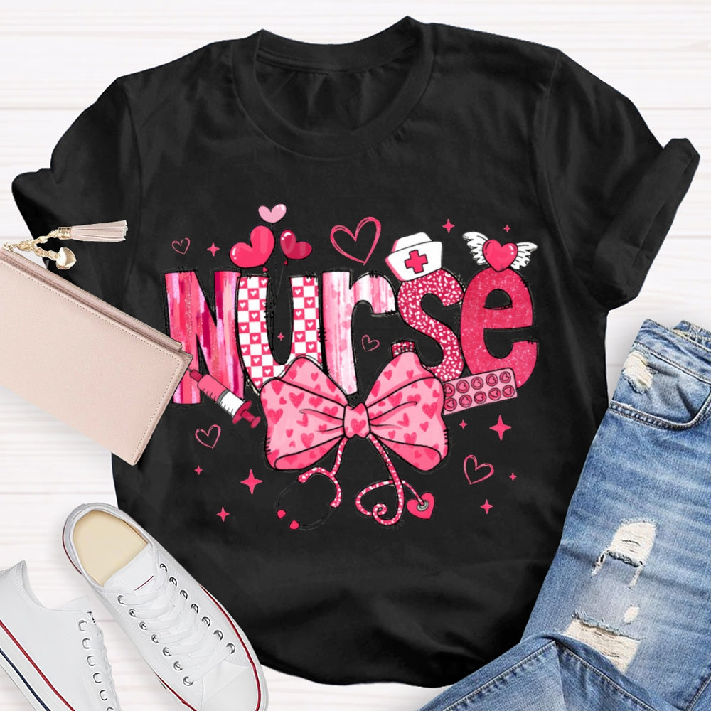 School Nurse Pink Bow And Heart Valentine'S Day T-shirt