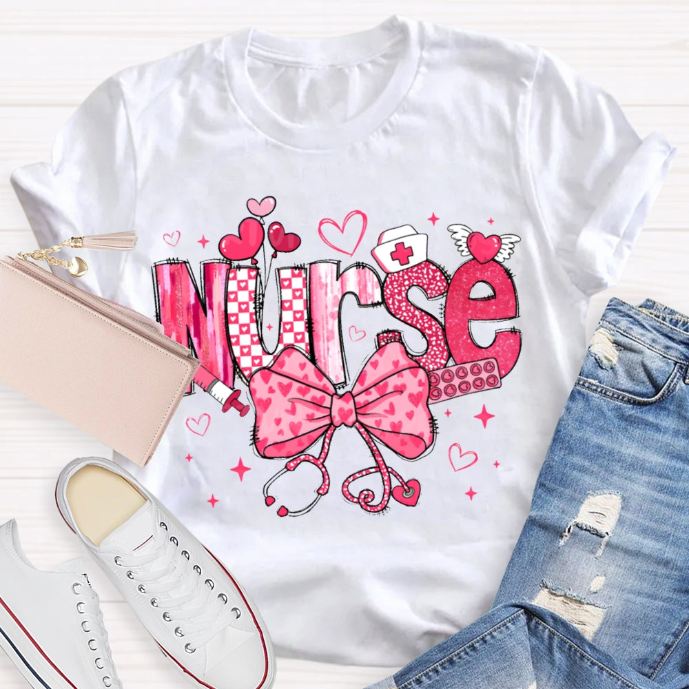 School Nurse Pink Bow And Heart Valentine'S Day T-shirt