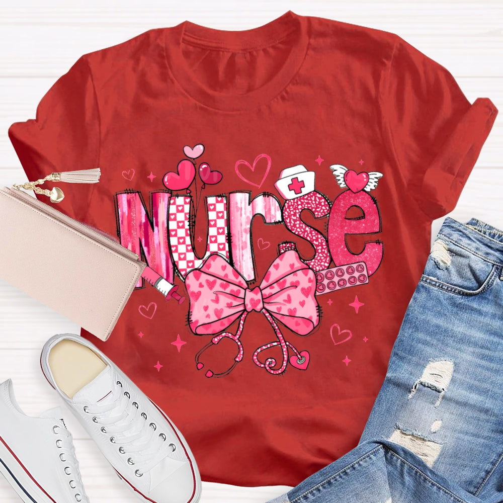 School Nurse Pink Bow And Heart Valentine'S Day T-shirt