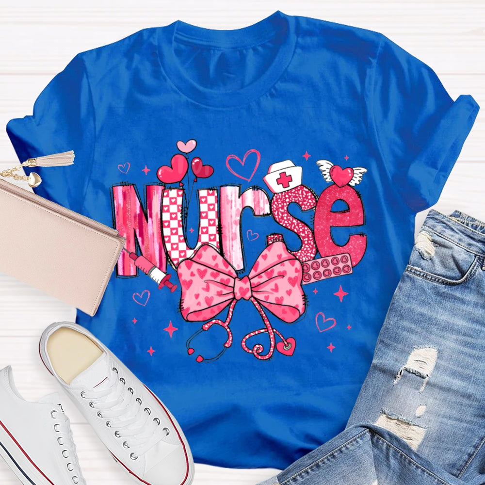 School Nurse Pink Bow And Heart Valentine'S Day T-shirt