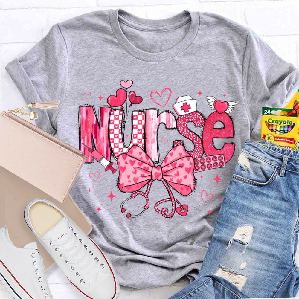 School Nurse Pink Bow And Heart Valentine'S Day T-shirt