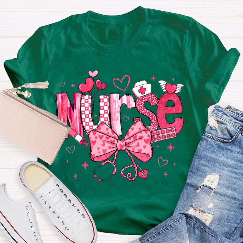 School Nurse Pink Bow And Heart Valentine'S Day T-shirt