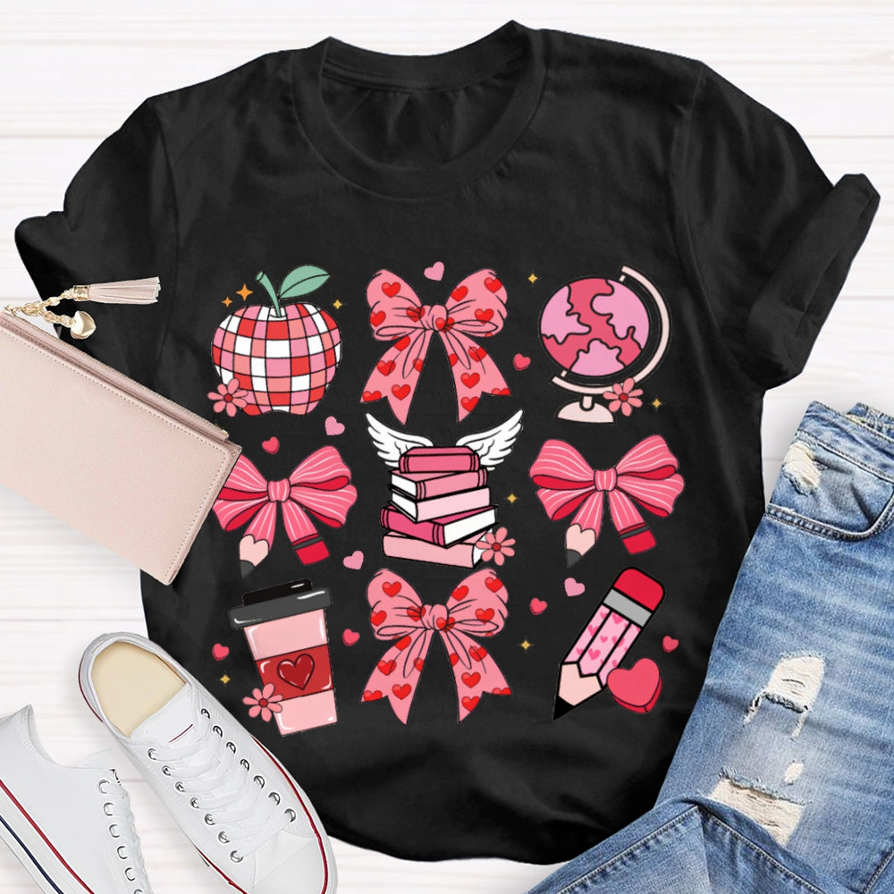 Pink Bow Pencil And Books Valentine'S Day T-shirt