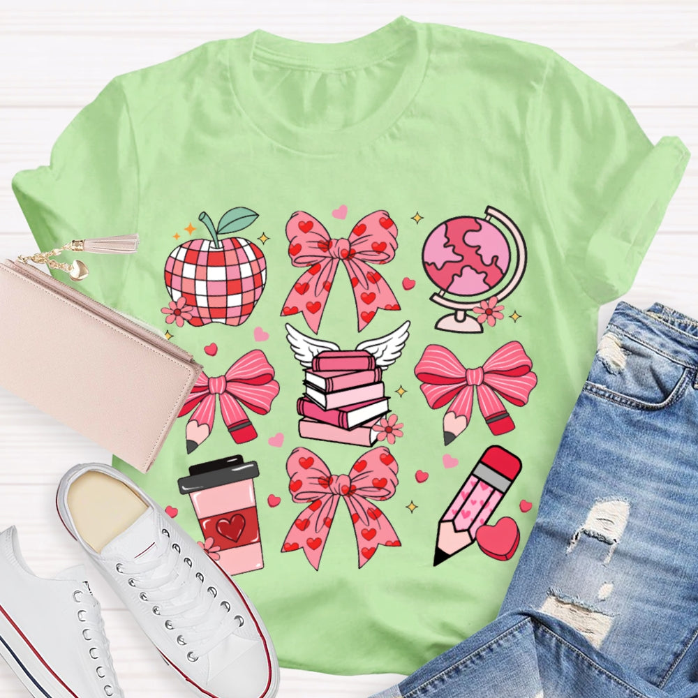 Pink Bow Pencil And Books Valentine'S Day T-shirt