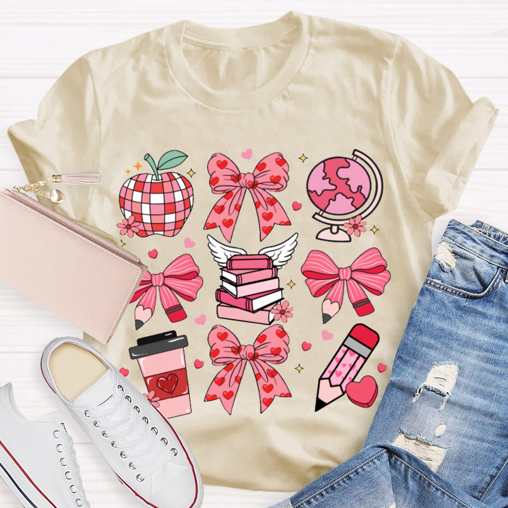Pink Bow Pencil And Books Valentine'S Day T-shirt