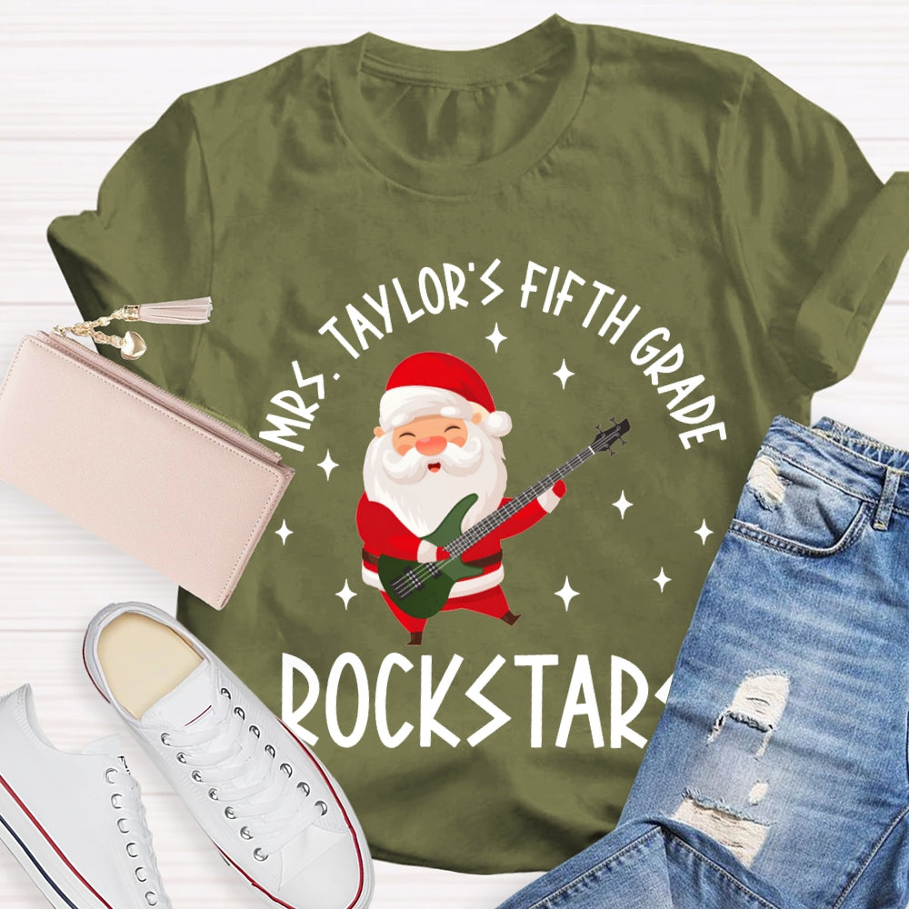 Personalized Name And Grade Fifth Grade Rockstars Santa Claus Music Teacher T-shirt