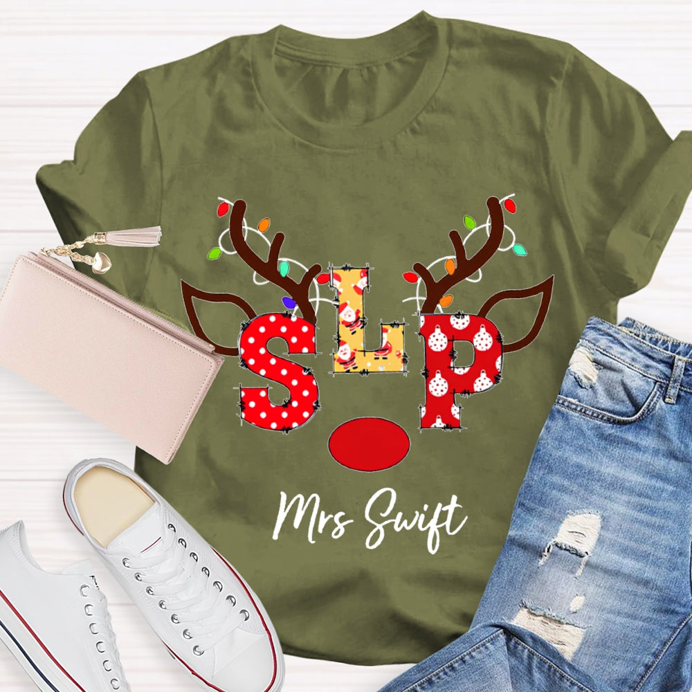 Personalized Name Slp Christmas Lights And Reindeer Antlers Christmas T-shirt