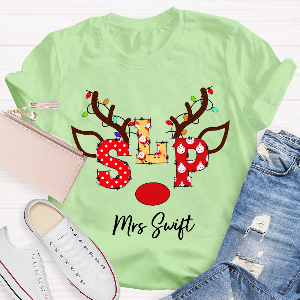 Personalized Name Slp Christmas Lights And Reindeer Antlers Christmas T-shirt