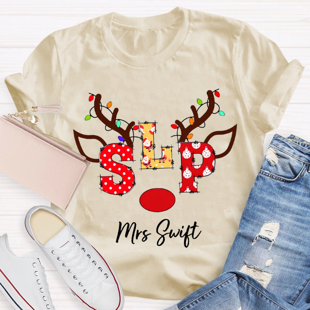 Personalized Name Slp Christmas Lights And Reindeer Antlers Christmas T-shirt