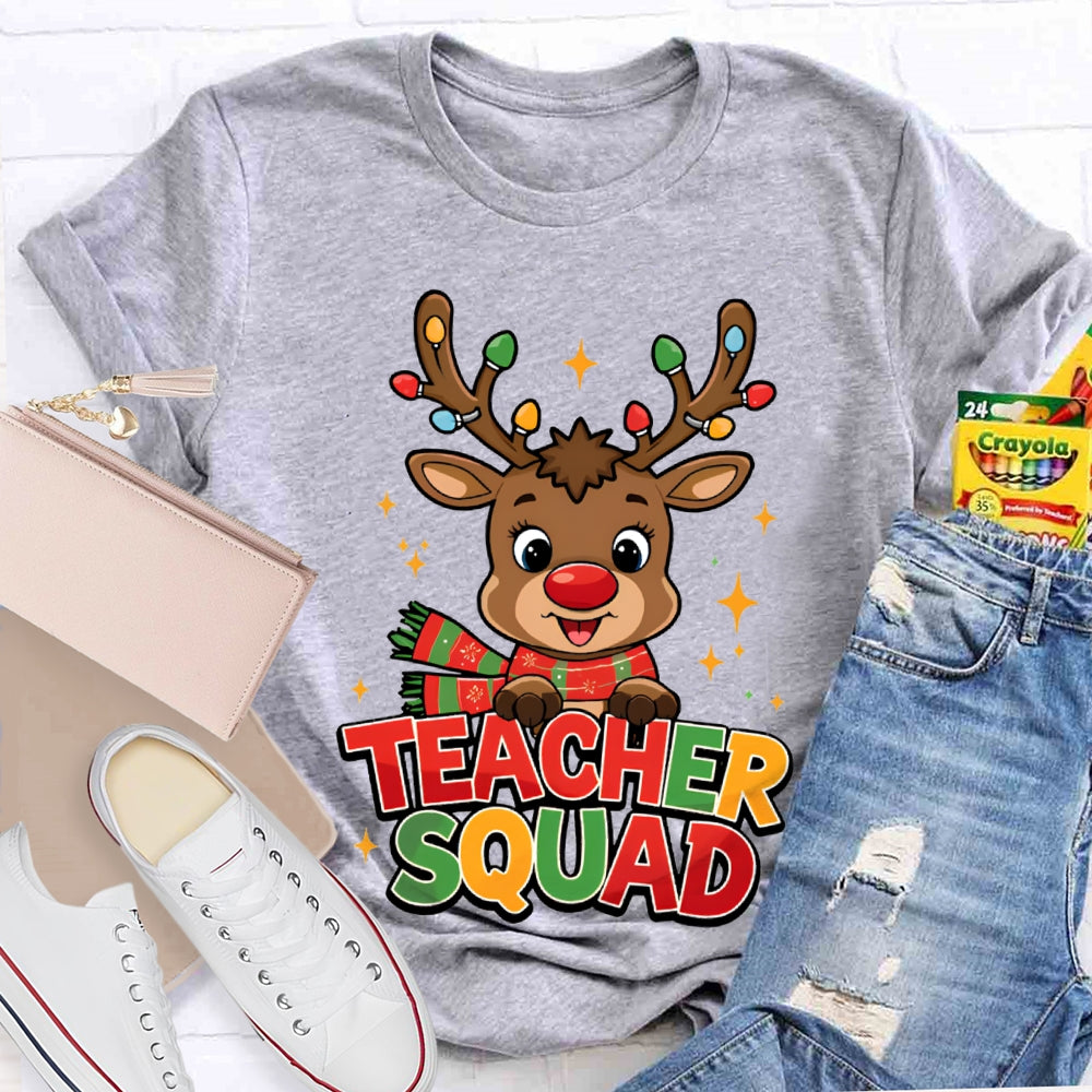 Teacher Squad Christmas Reindeer And Christmas Lights T-shirt