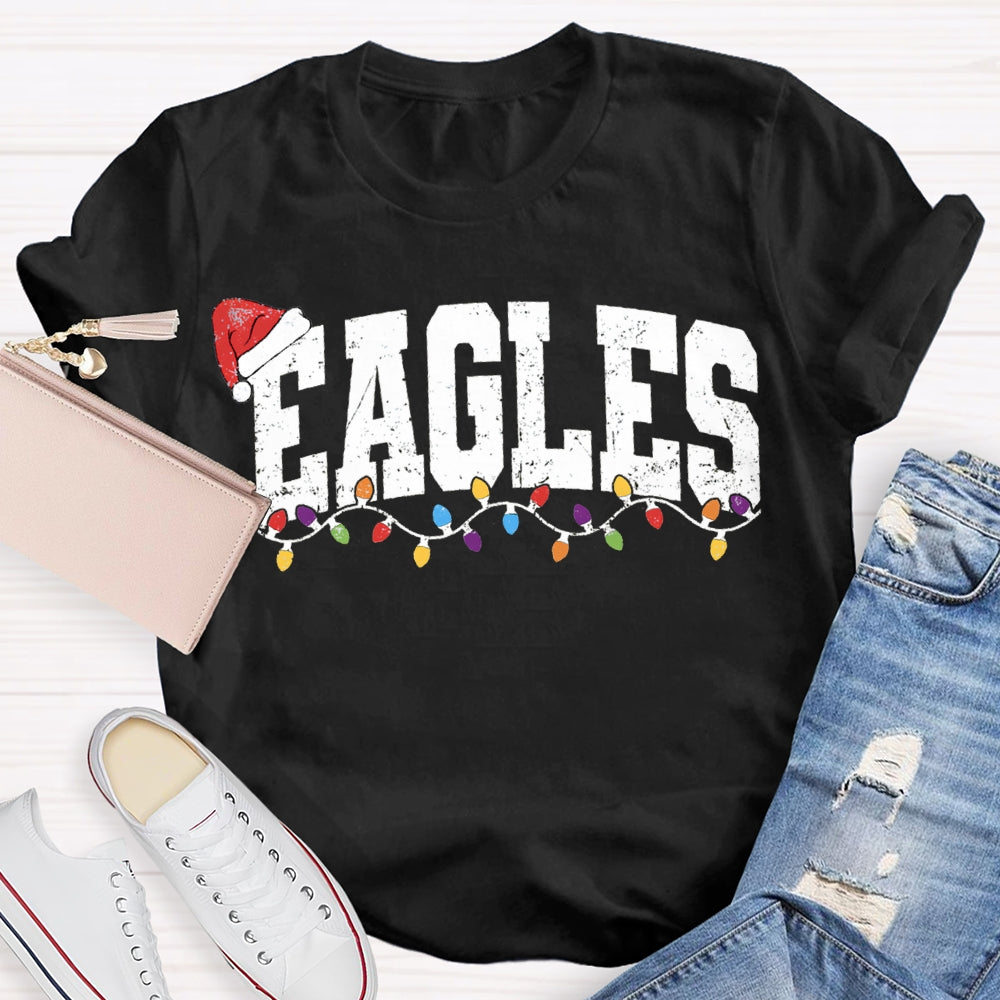 Personalized Mascot Eagles Christmas Lights And Santa Hats T-shirt