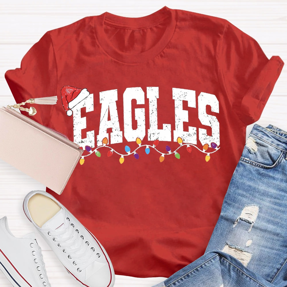 Personalized Mascot Eagles Christmas Lights And Santa Hats T-shirt