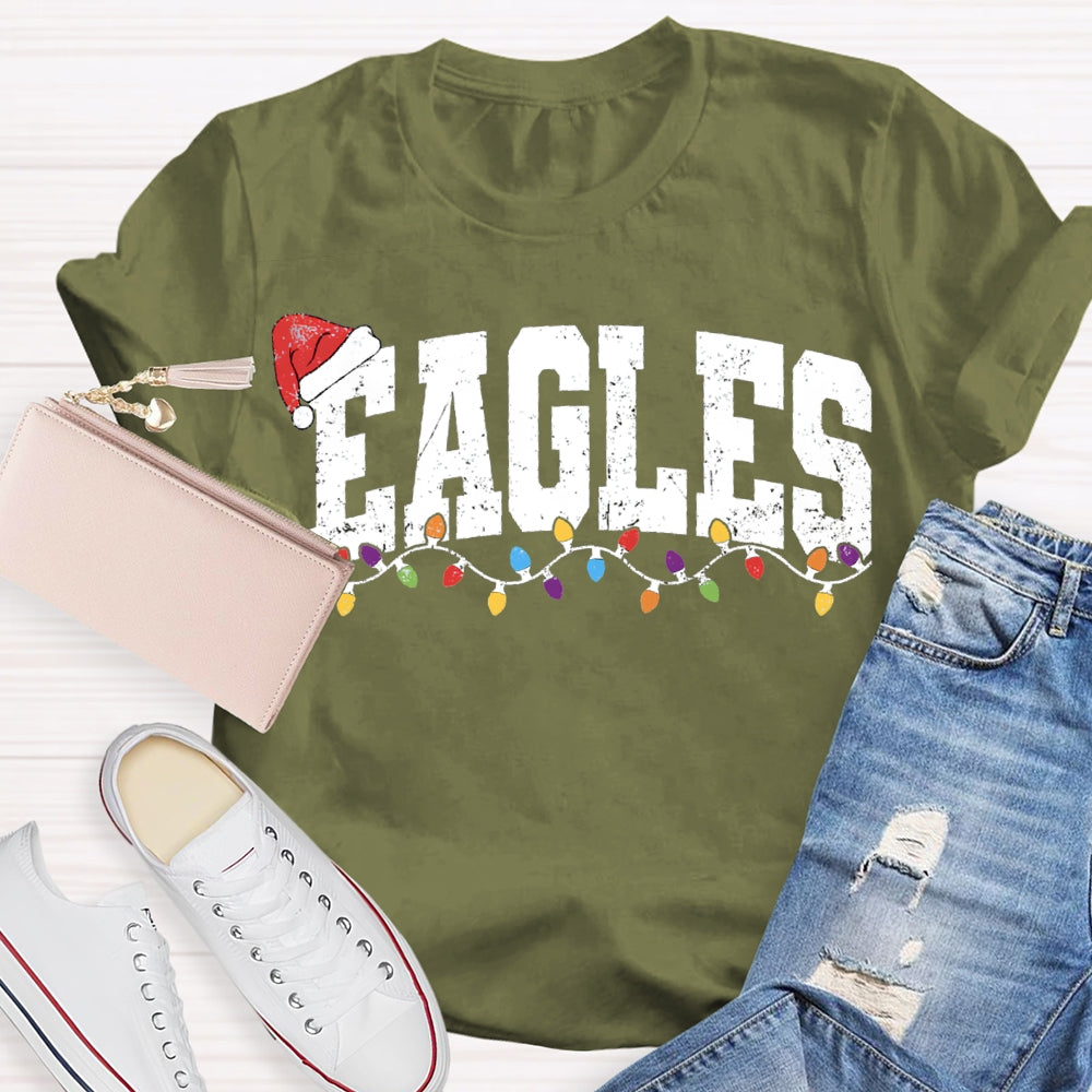 Personalized Mascot Eagles Christmas Lights And Santa Hats T-shirt