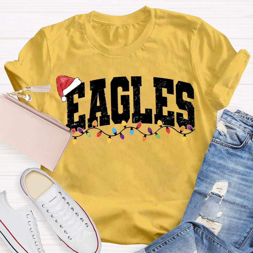 Personalized Mascot Eagles Christmas Lights And Santa Hats T-shirt