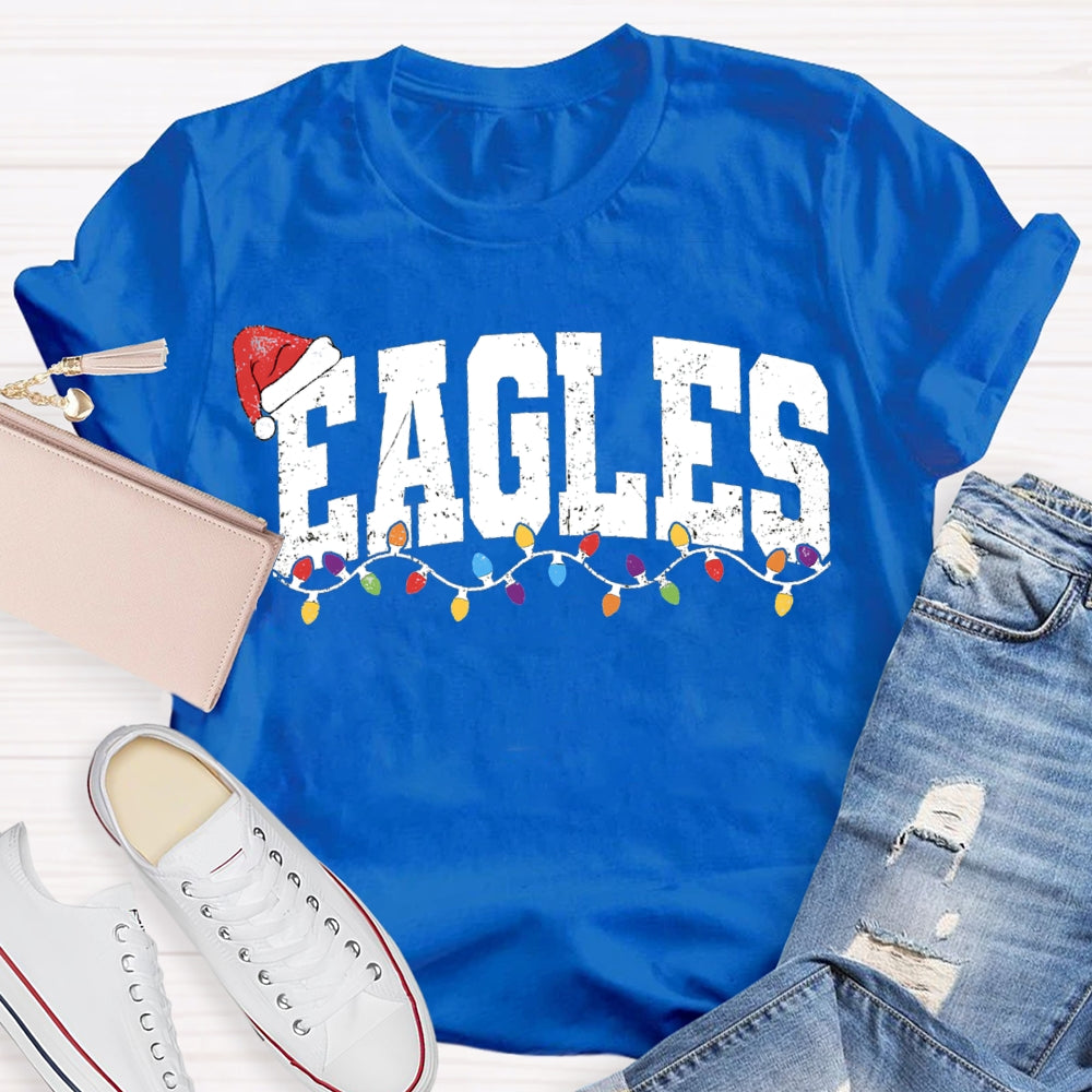 Personalized Mascot Eagles Christmas Lights And Santa Hats T-shirt