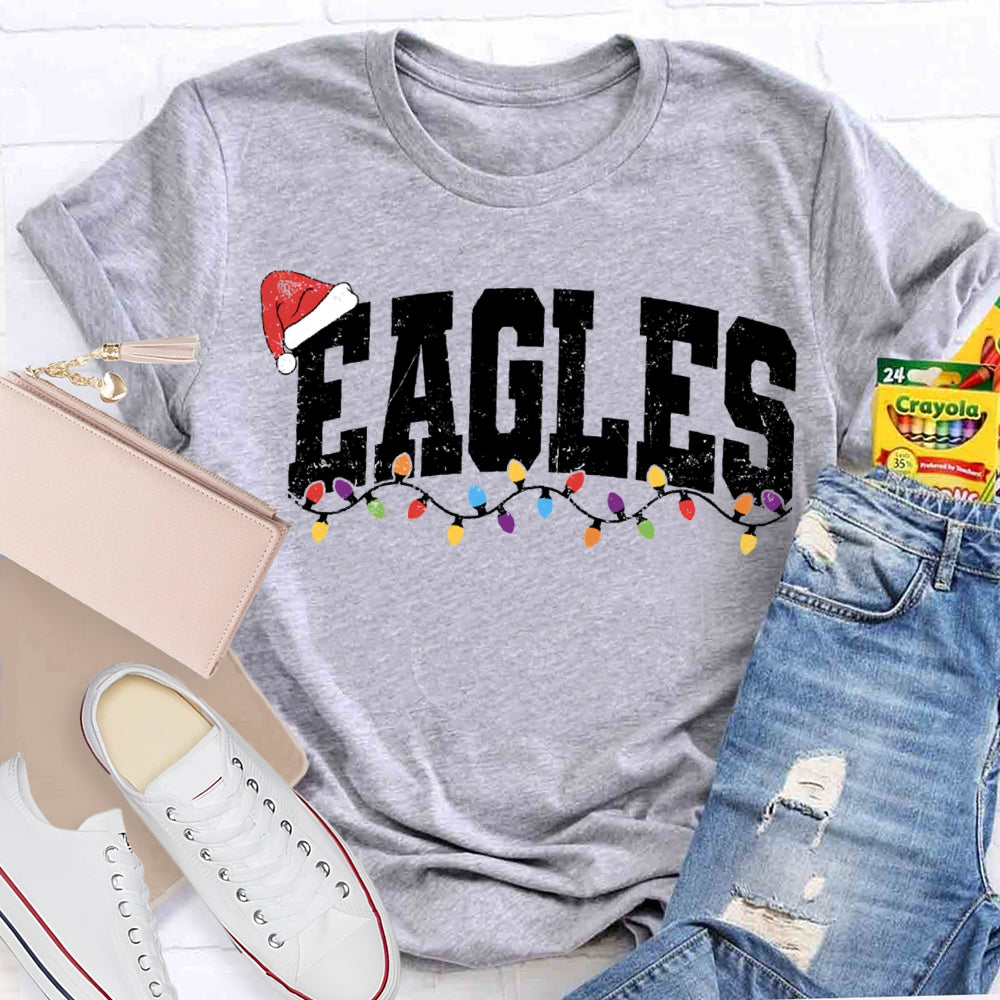 Personalized Mascot Eagles Christmas Lights And Santa Hats T-shirt