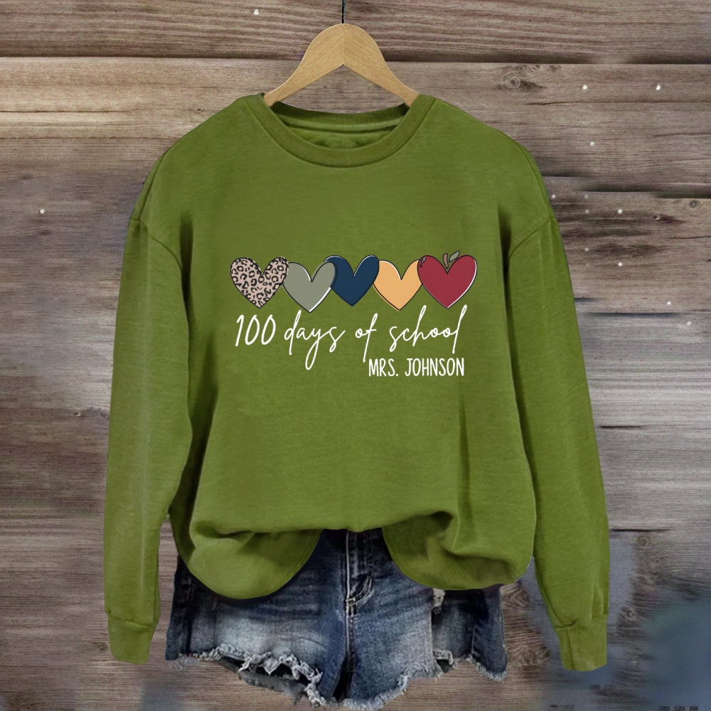 Personalized Name 100 Days Of School Colorful Hearts Sweatshirt
