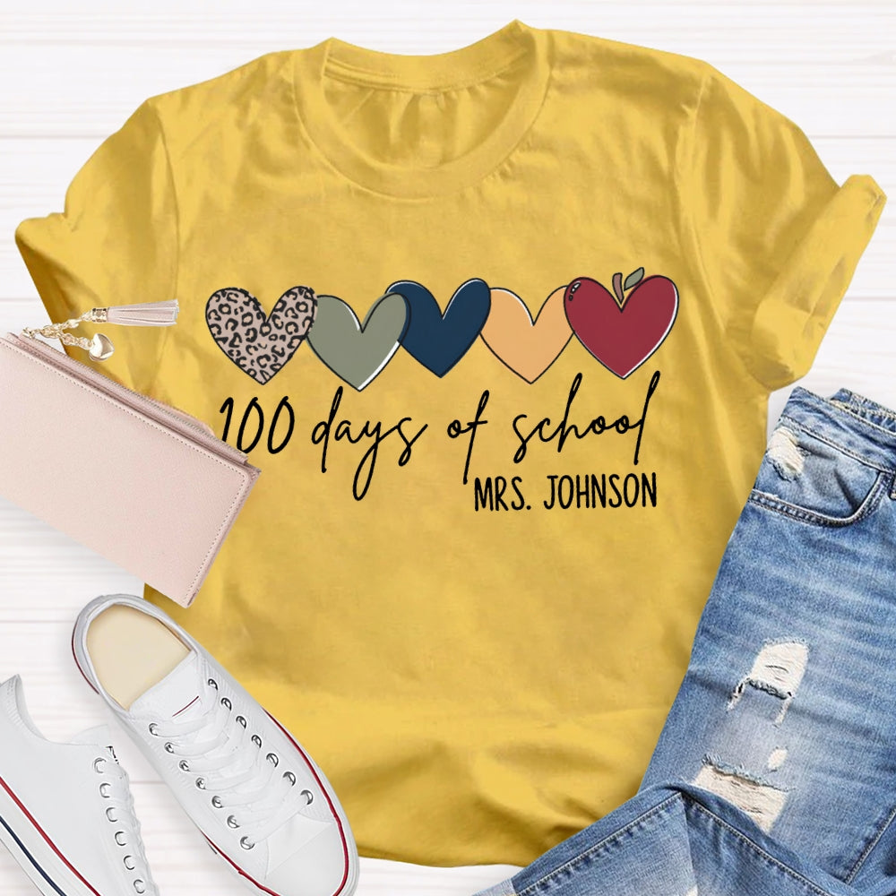 Personalized Name 100 Days Of School Colorful Hearts T-shirt
