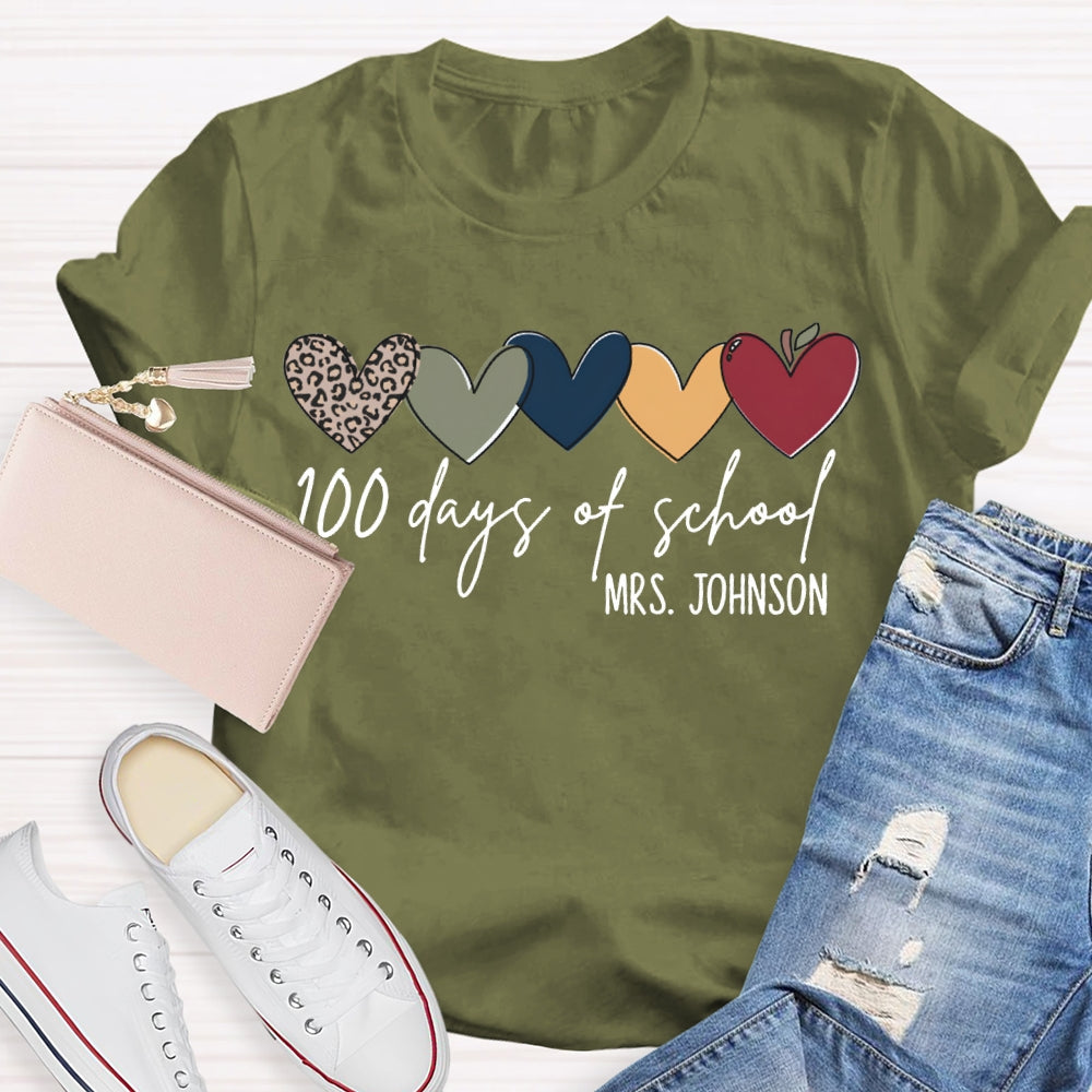 Personalized Name 100 Days Of School Colorful Hearts T-shirt