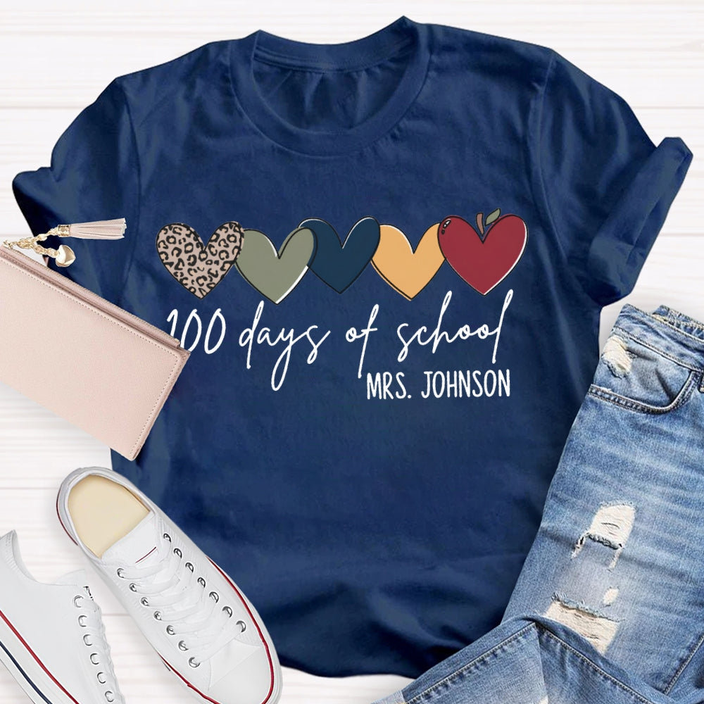 Personalized Name 100 Days Of School Colorful Hearts T-shirt