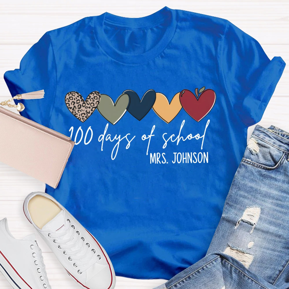 Personalized Name 100 Days Of School Colorful Hearts T-shirt
