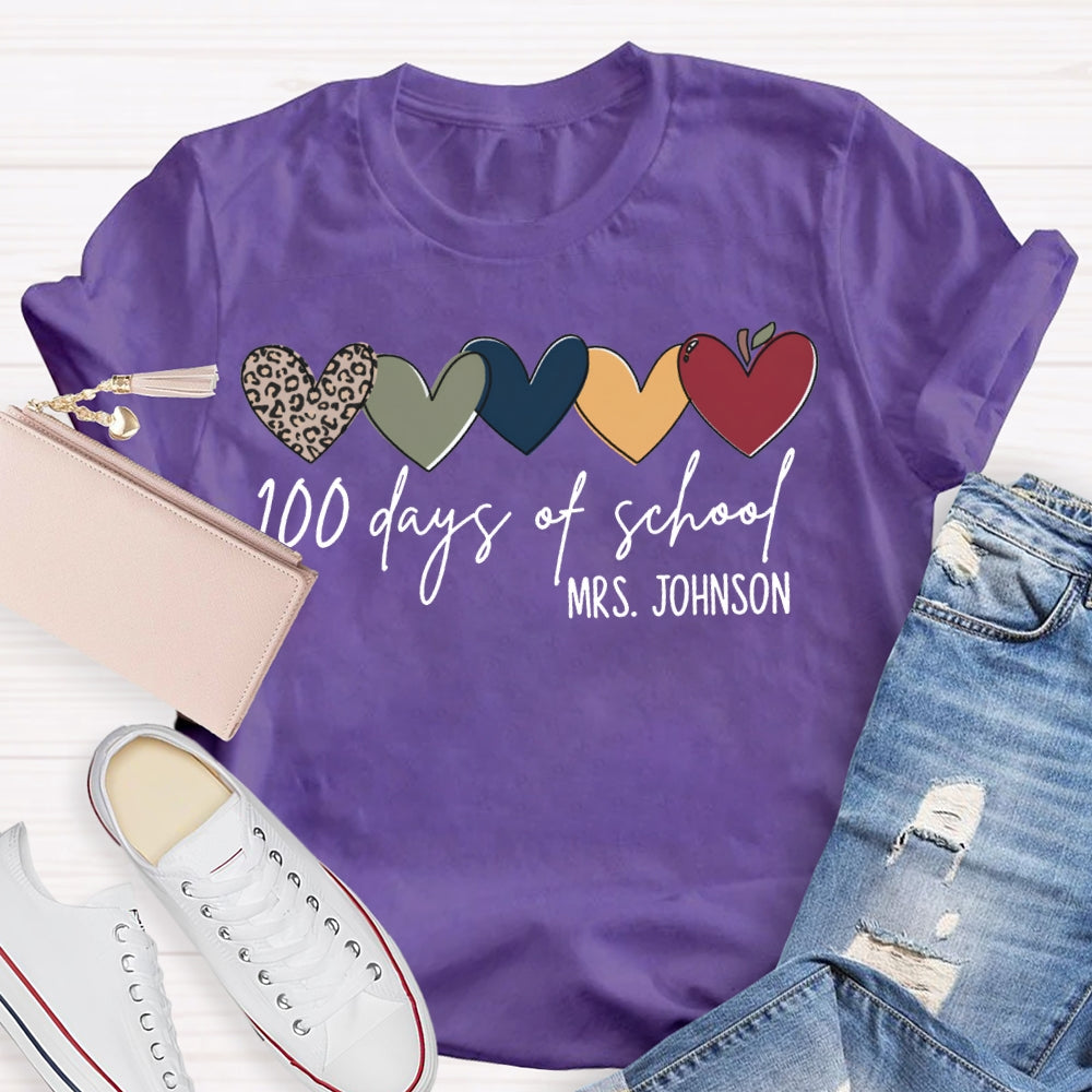 Personalized Name 100 Days Of School Colorful Hearts T-shirt