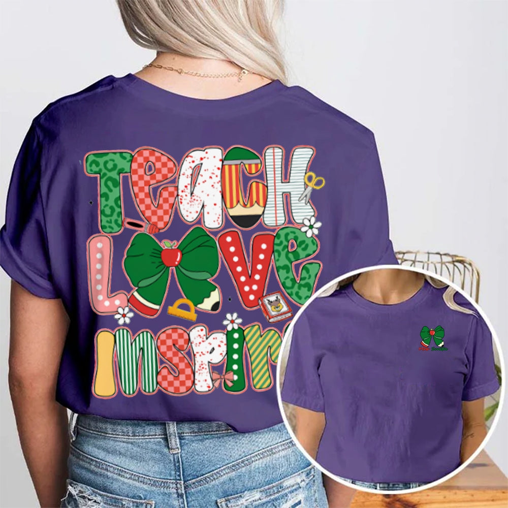 Personalized Name Teach Love Inspire Bows And Christmas Vibes Fonts Double Printed T-shirt